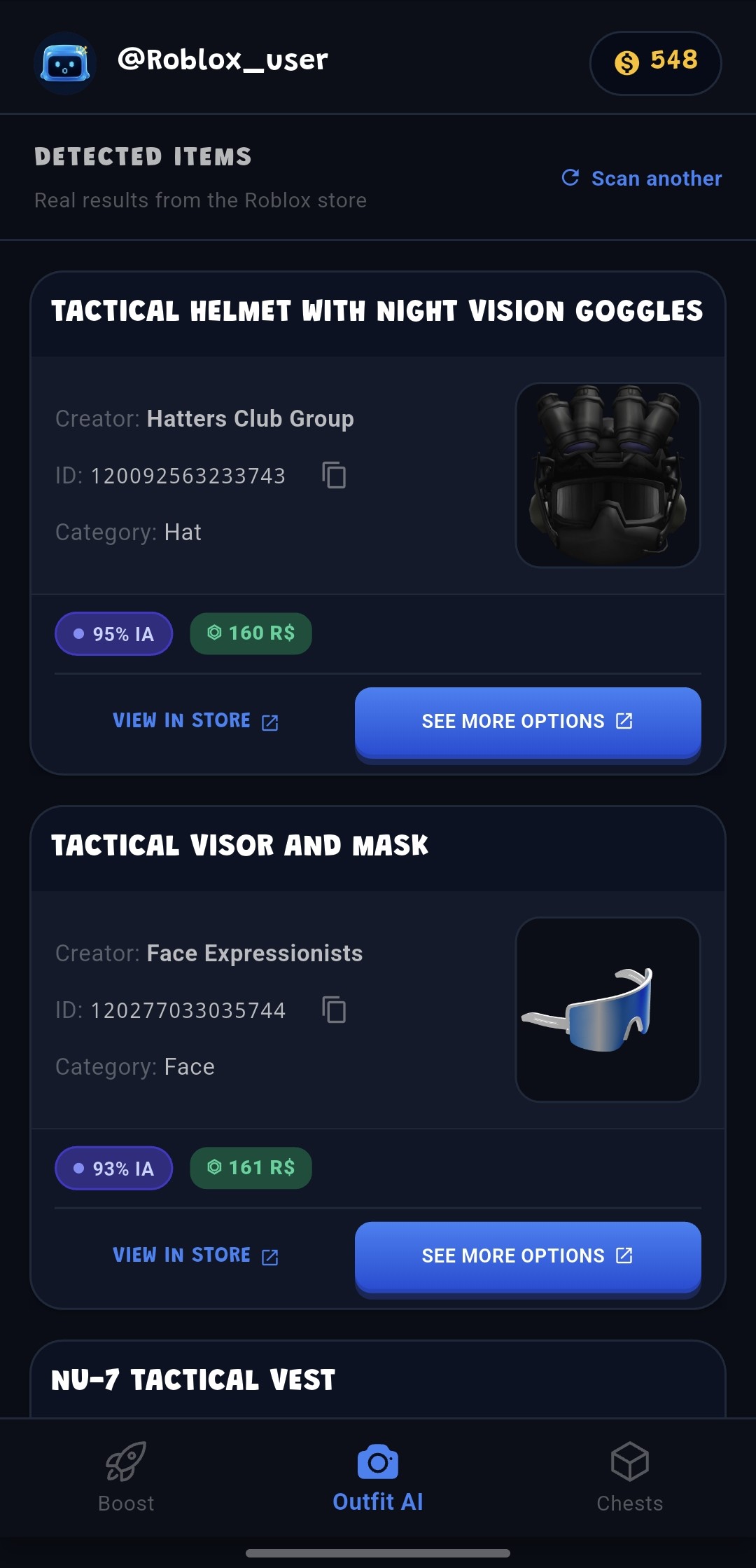 AI Detected Items Screen