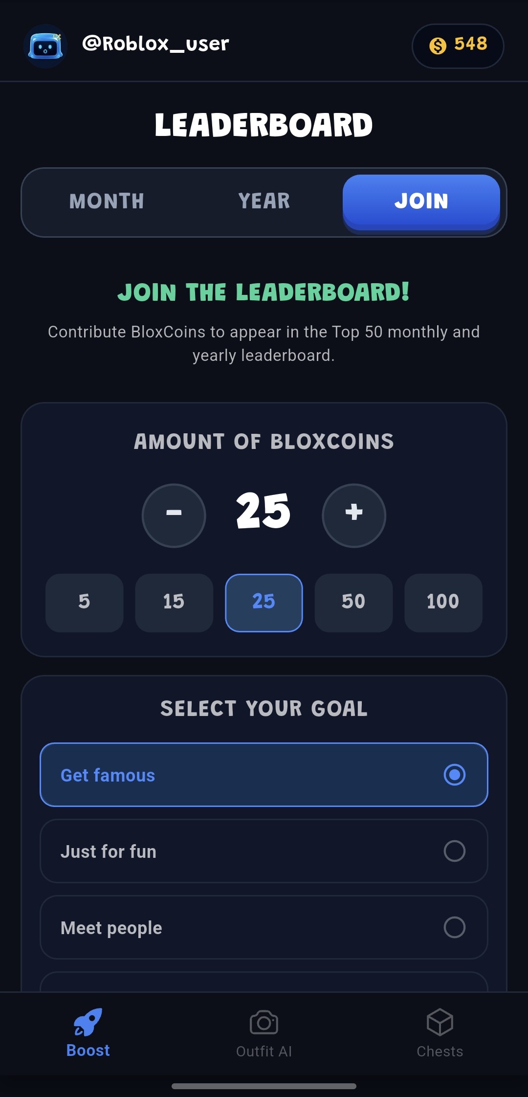 Boost & Leaderboard Screen