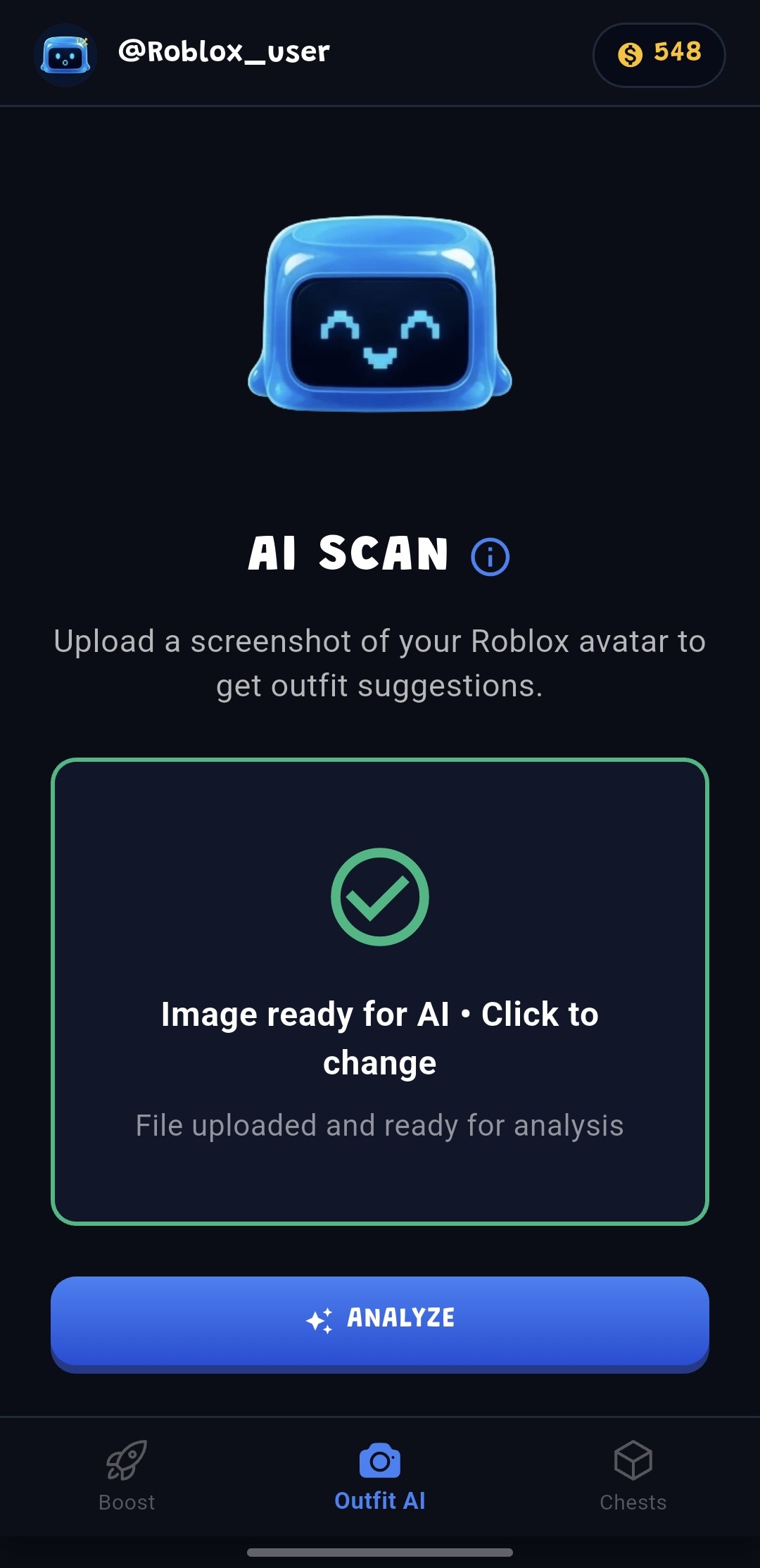 Bloxfit AI Outfit Detection Screen